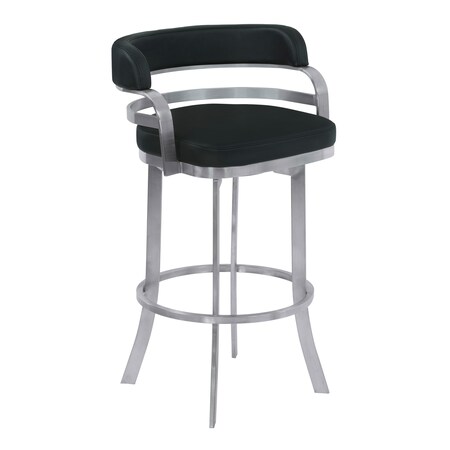 Armen Living Prinz 26" Counter Height Swivel Black Faux Leather and Brushed Stainless Steel Bar Stool LCPRBABLBS26